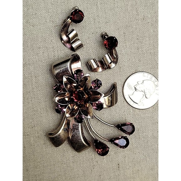 Vintage Sterling Purple Rhinestone Flower Bow Ribbon Brooch Pin Earring Set - Picture 4 of 8